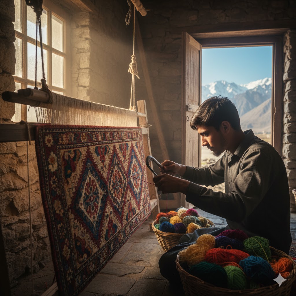 Artisan knotting a traditional wool carpet in Skardu village workshop