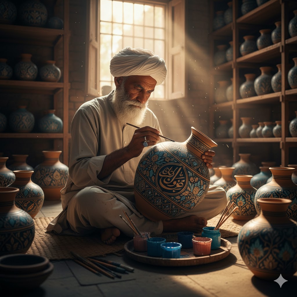Artisan painting Multani blue pottery inspired by Sufi geometric patterns and calligraphy. Artisan painting Multani blue pottery inspired by Sufi geometric patterns and calligraphy.