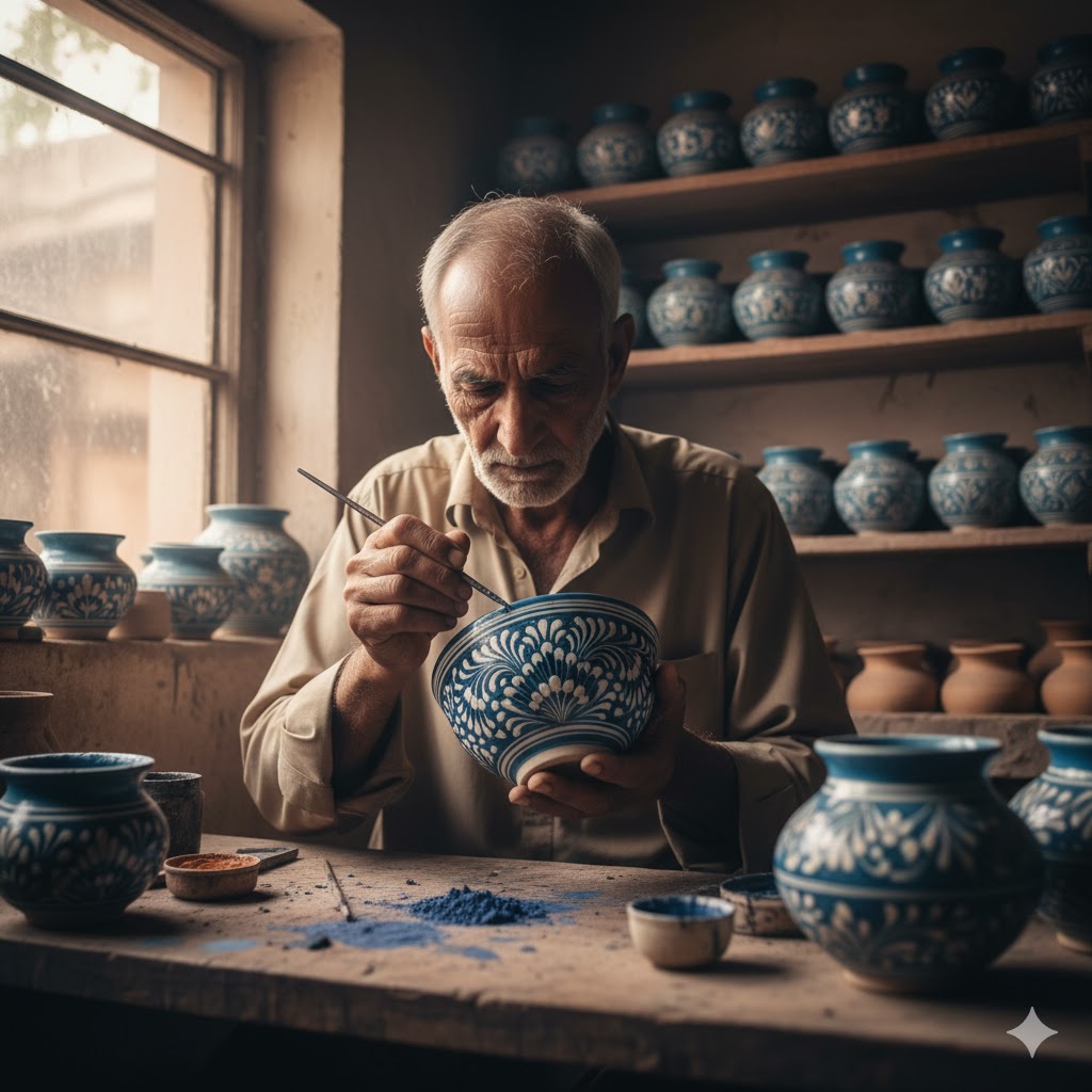 Artisan painting blue pottery bowls with intricate floral patterns in a Multan workshop Artisan painting blue pottery bowls with intricate floral patterns in a Multan workshop