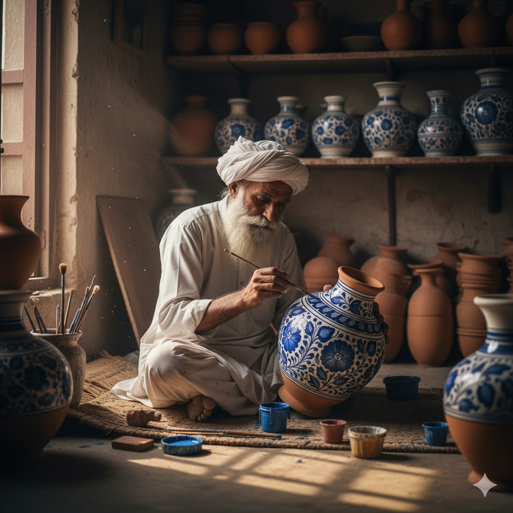 Artisan painting traditional blue floral patterns on Multani pottery in an old workshop.