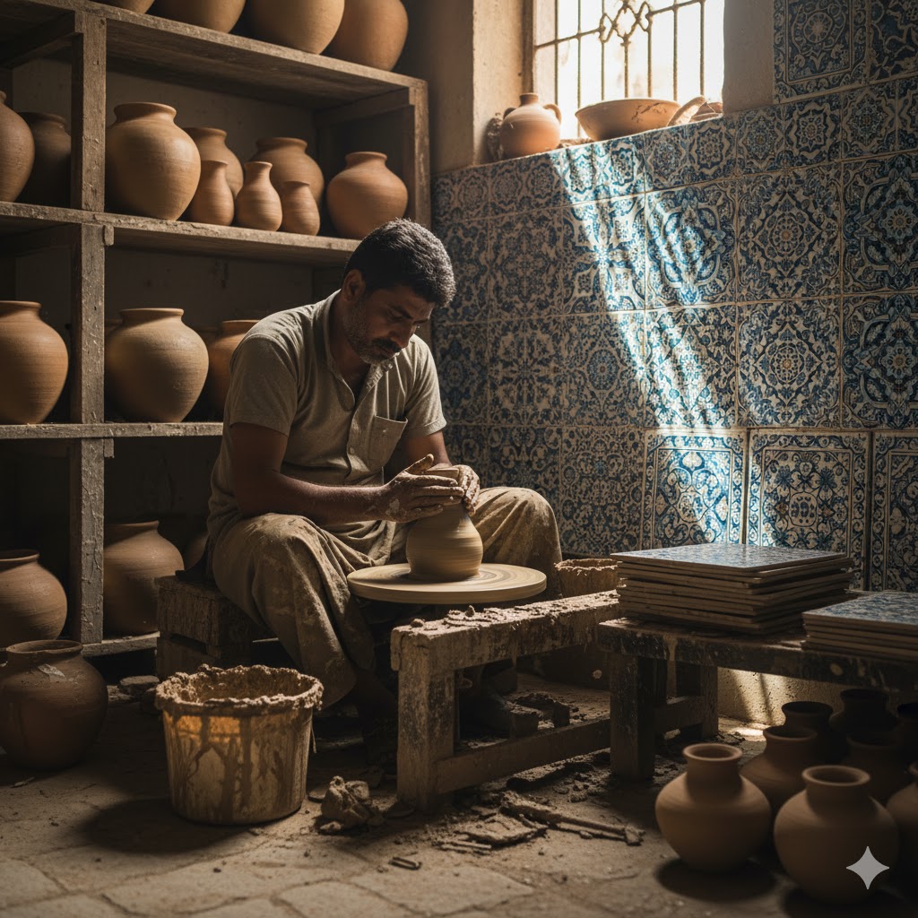Artisan shaping a clay pot on a spinning pottery wheel surrounded by finished blue tiles in Multan.