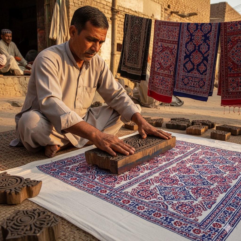 Artisan stamping Ajrak patterns onto fabric with traditional wooden blocks in Hala village.