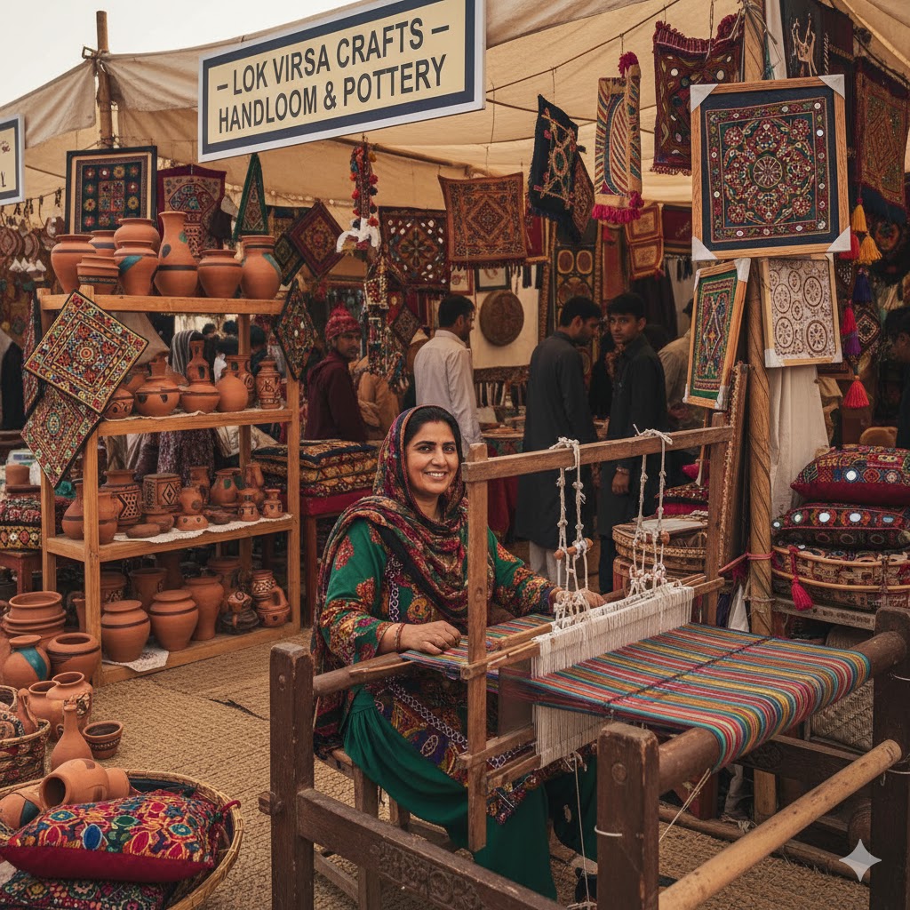 Artisan woman weaving colorful Khaddar cloth at Lok Virsa Mela stall surrounded by handcrafted pottery and traditional embroidery. Artisan woman weaving colorful Khaddar cloth at Lok Virsa Mela stall surrounded by handcrafted pottery and traditional embroidery.