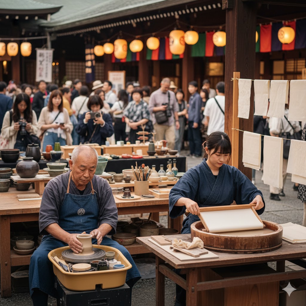 Artisans creating ceramics and washi paper at Kyoto International Crafts Festival.