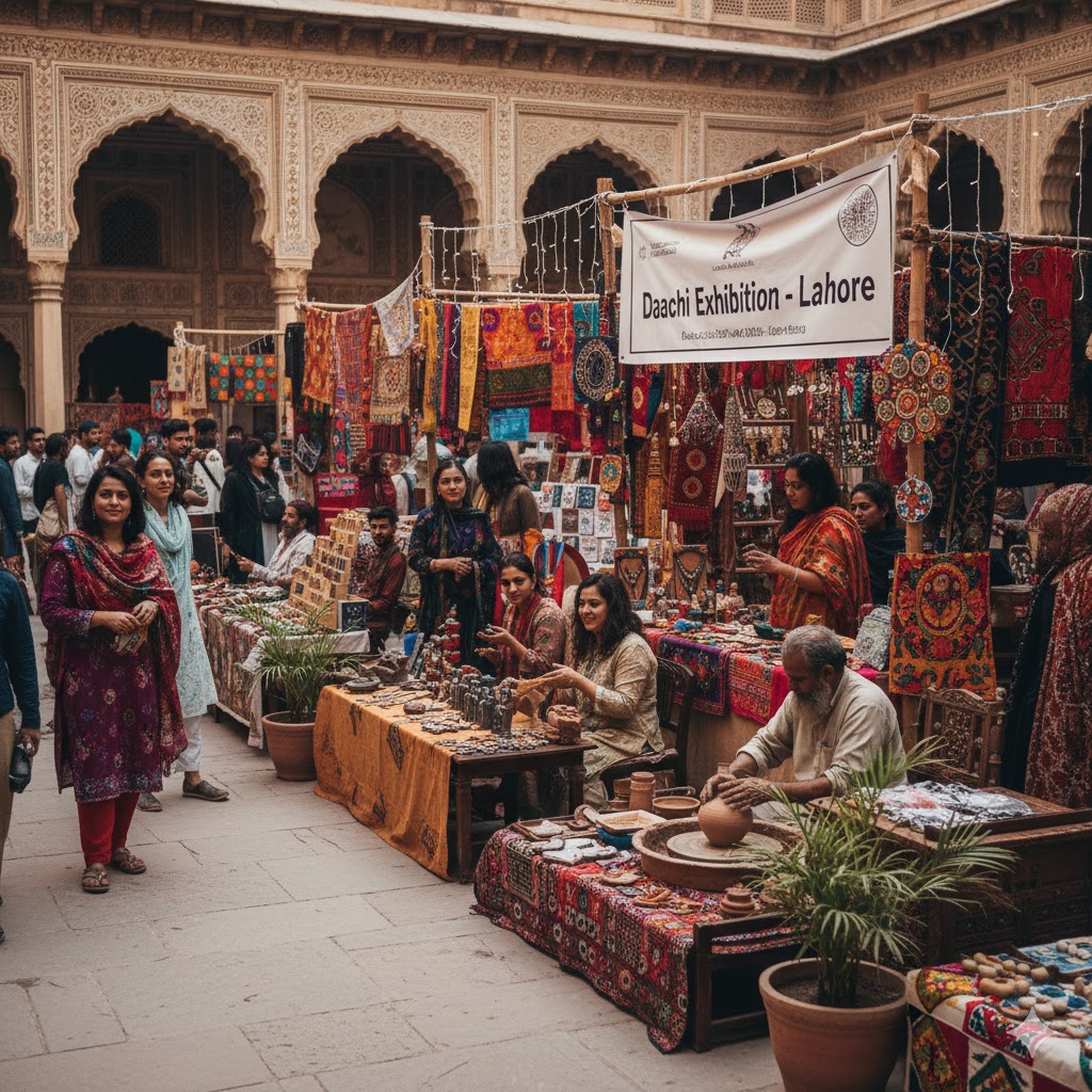 Artisans displaying handmade crafts at Daachi Exhibition Lahore