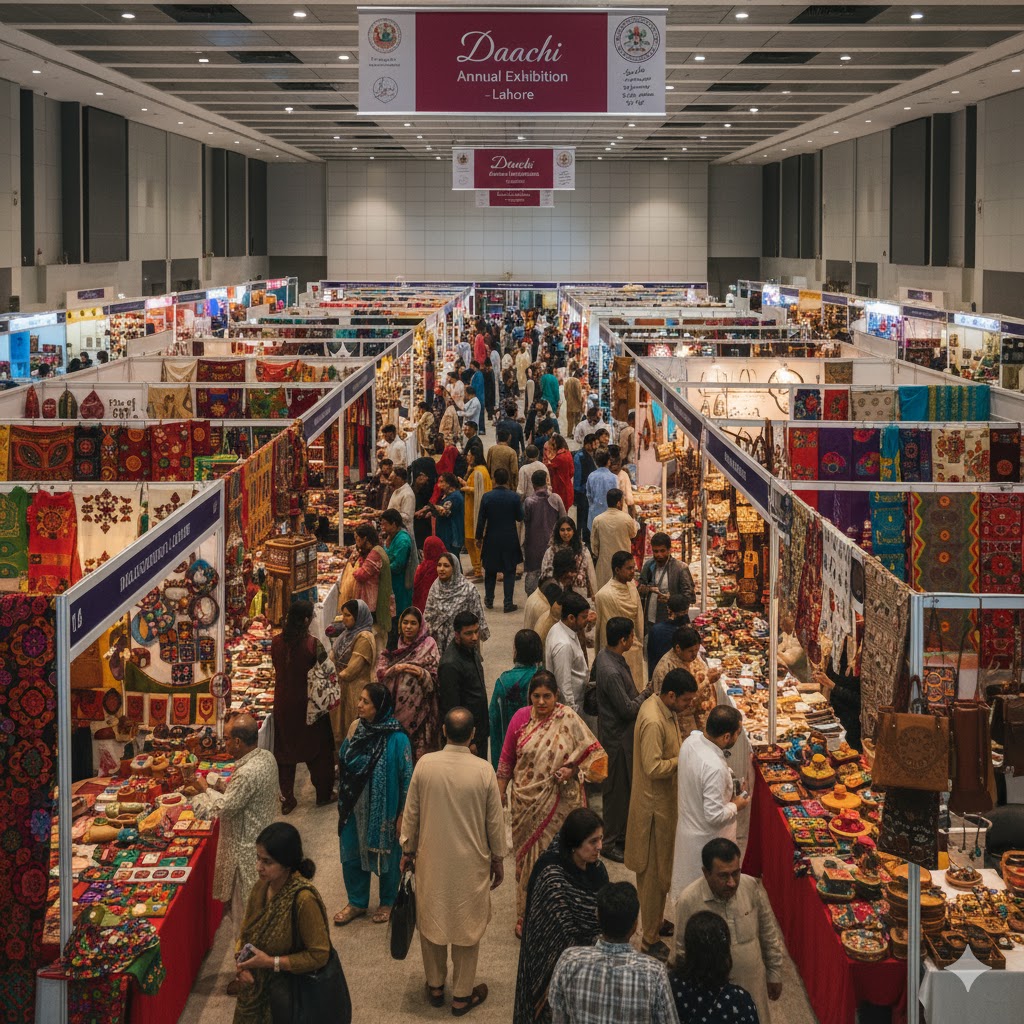 Artisans selling handmade crafts at Daachi Exhibition Lahore, vibrant stalls, cultural crowd, Lahore Expo Center