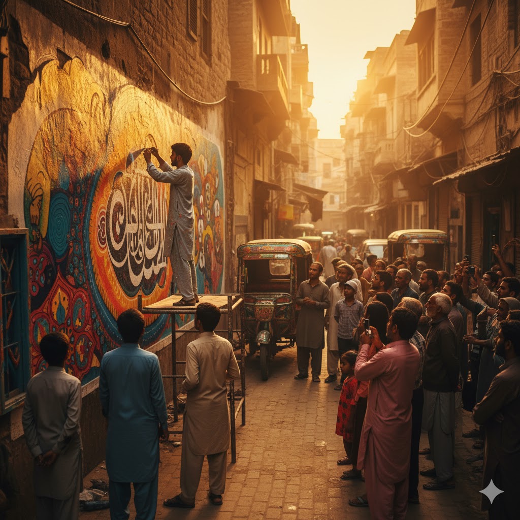 Artist painting mural in Old Lahore with crowd watching; sunset adds golden tone to artwork