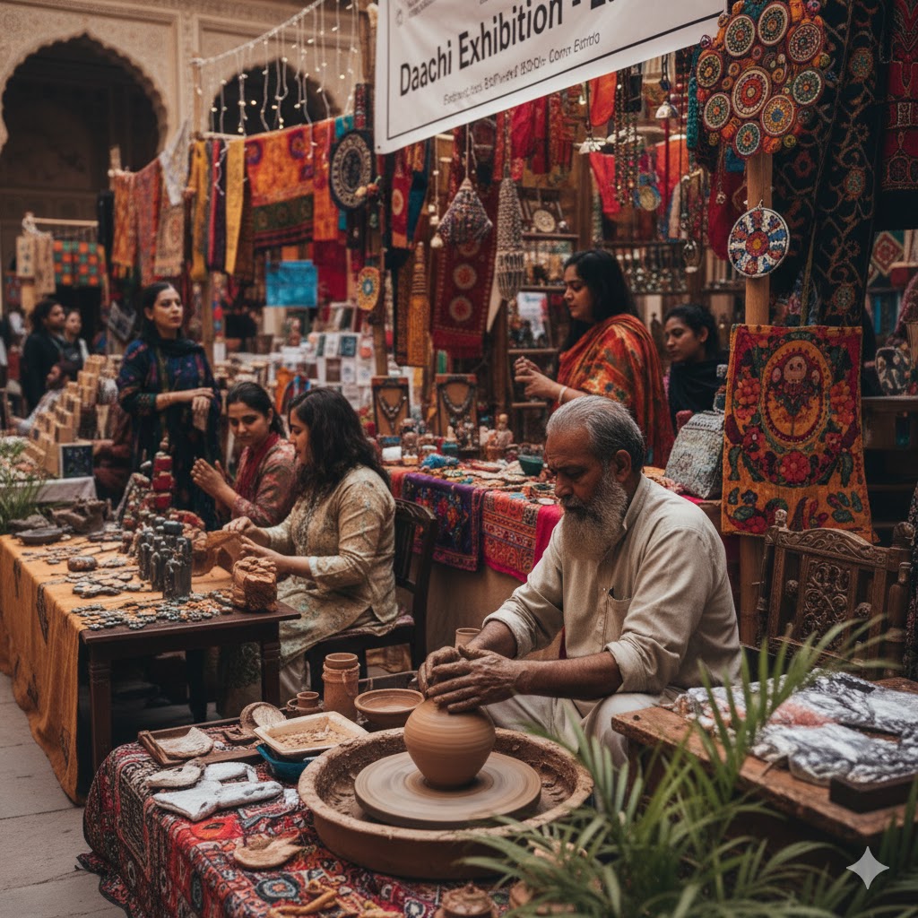 Artist sculpting pottery during Daachi Annual Exhibition in Lahore