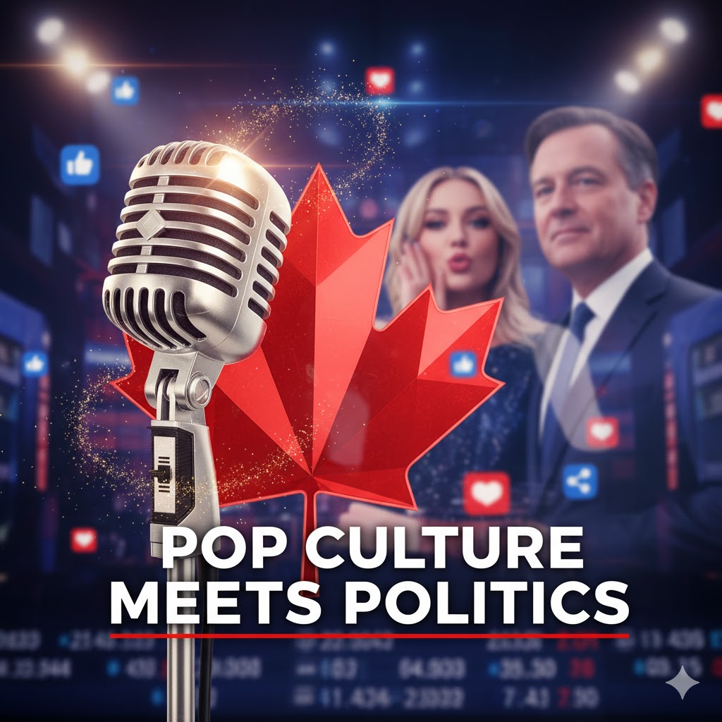 Artistic montage showing pop culture meets politics — microphone and maple leaf side by side. Artistic montage showing pop culture meets politics — microphone and maple leaf side by side.