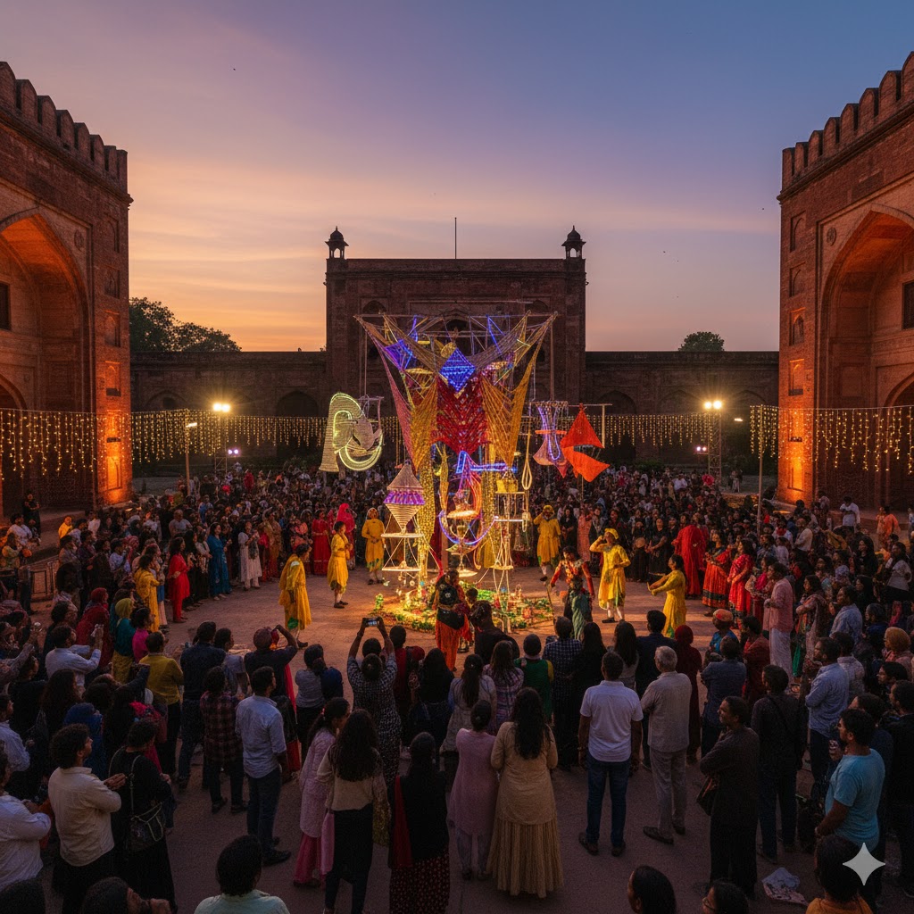 Artists and performers at Lahore Biennale outdoor installation surrounded by crowd at heritage site