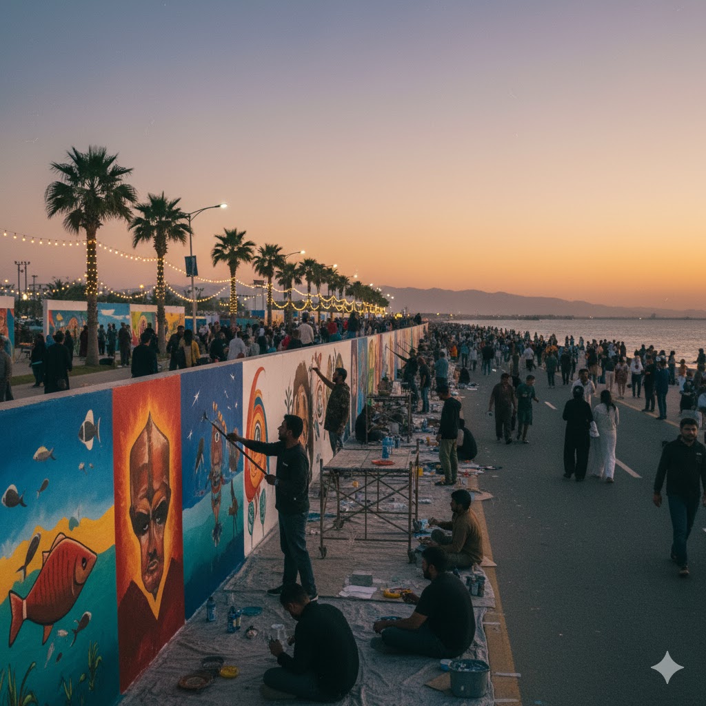 Artists painting murals along Marine Drive during Gwadar Beach Art Festival 2026