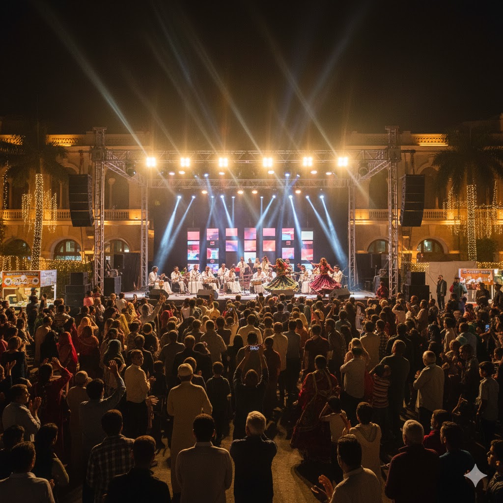 Arts Council Karachi night scene with crowd enjoying cultural performances and illuminated stage