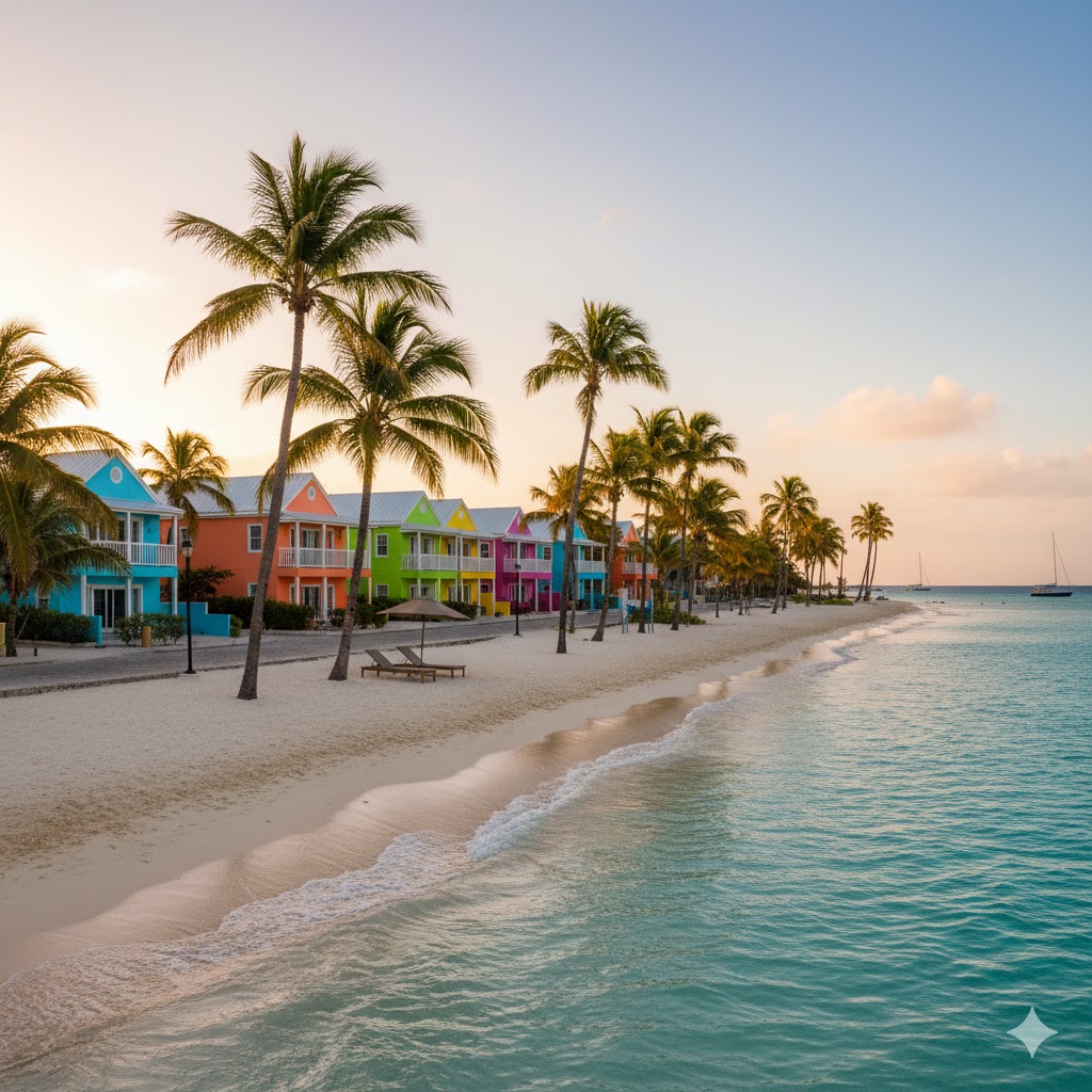 Aruba beach with colorful houses and palm trees