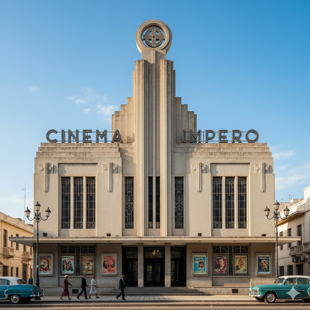 Asmara Art Deco cinema building under blue sky, Eritrea