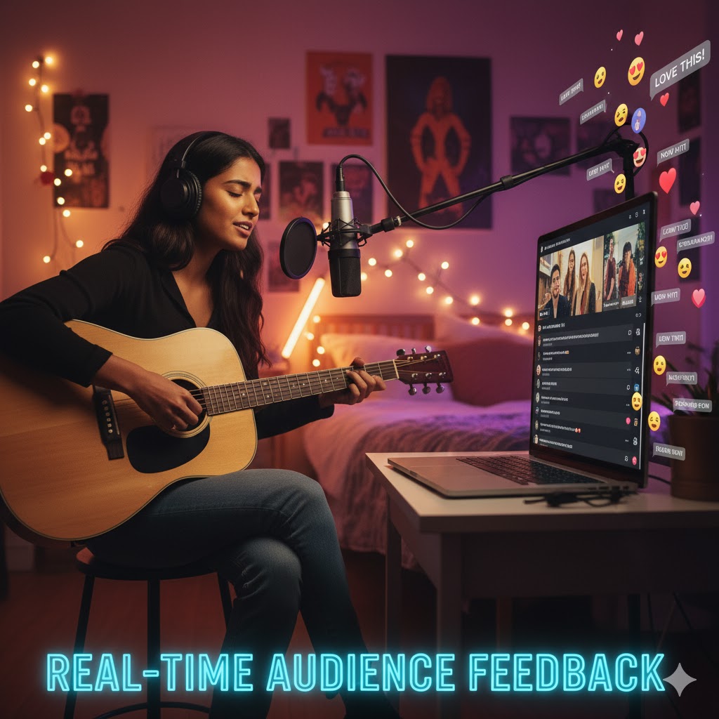 Aspiring musician performing on TikTok livestream, gaining real-time audience feedback for new song