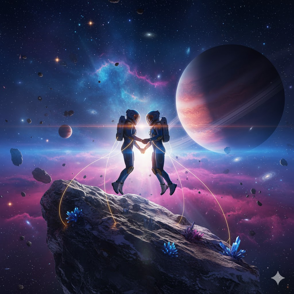 Asteroid adventure for couples floating among cosmic landscapes