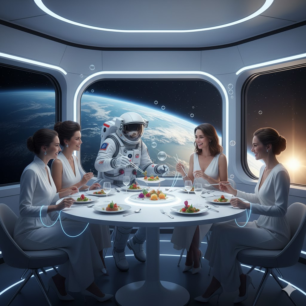 Astronaut and tourists enjoying zero gravity fine dining