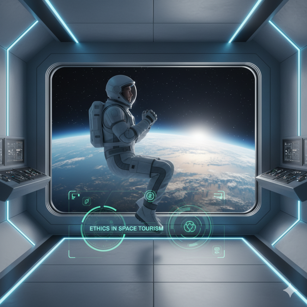 Astronaut floating near window observing Earth symbolizing ethics in space tourism