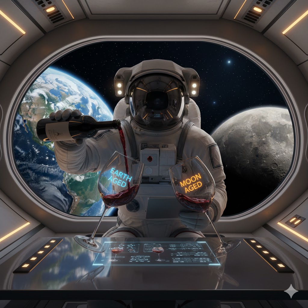 Astronaut pouring wine in space capsule comparing Earth and Moon aged wines
