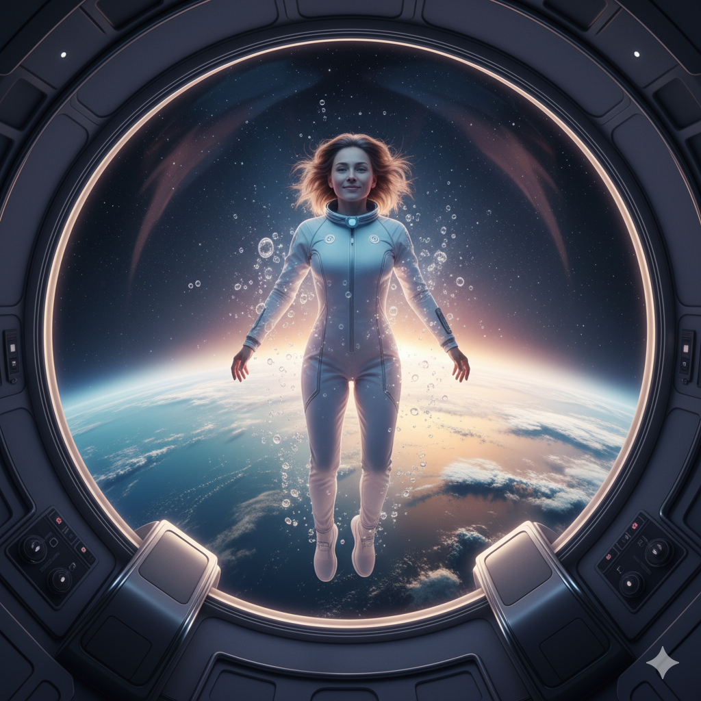 Astronaut relaxing in zero-gravity spa capsule above Earth