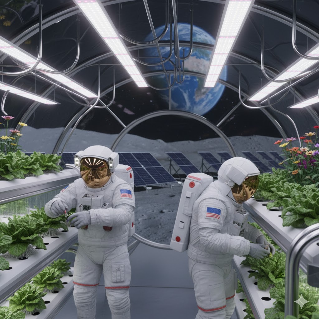 Astronauts planting seeds in lunar greenhouse with solar panels on Moon surface