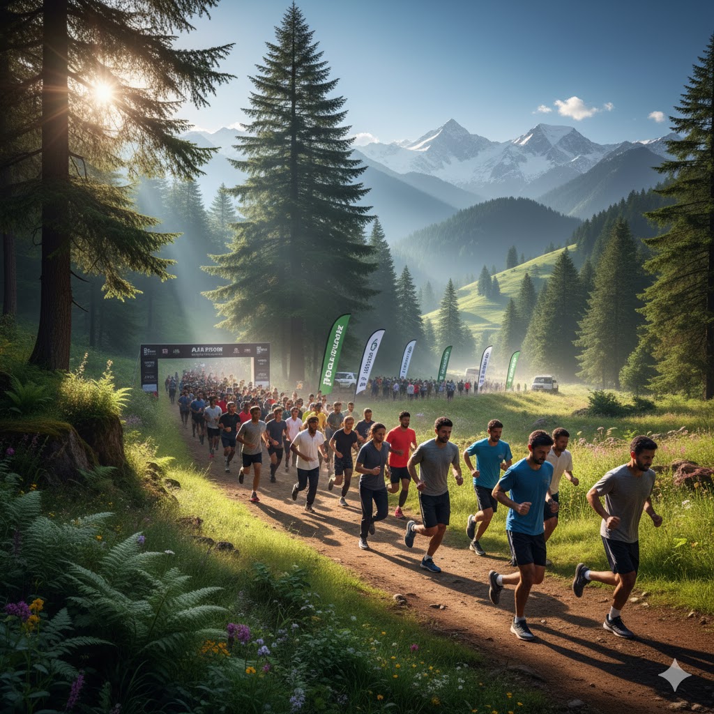Athletes running through forested trails in the AJK Marathon from Bhimber to Rawalakot
