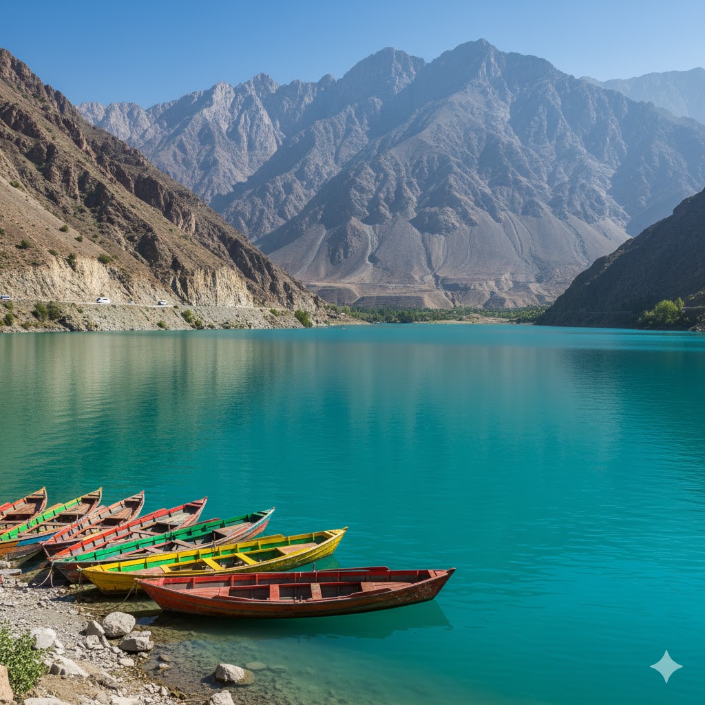 Attabad Lake with colorful boats and turquoise waters under the Hunza mountains.