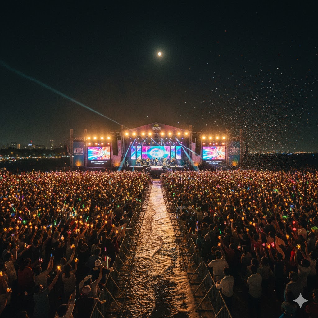 Audience waving lights at Pakistan Music Festival on Karachi beach