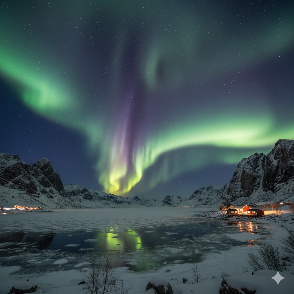 Aurora Borealis over frozen fjord in Norway