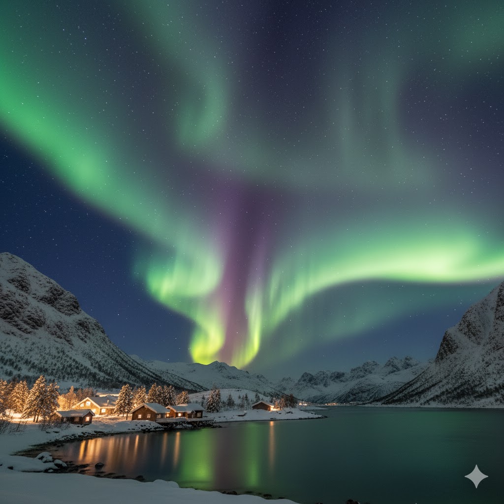 Aurora Borealis over snow-covered fjord and cabins, Norway