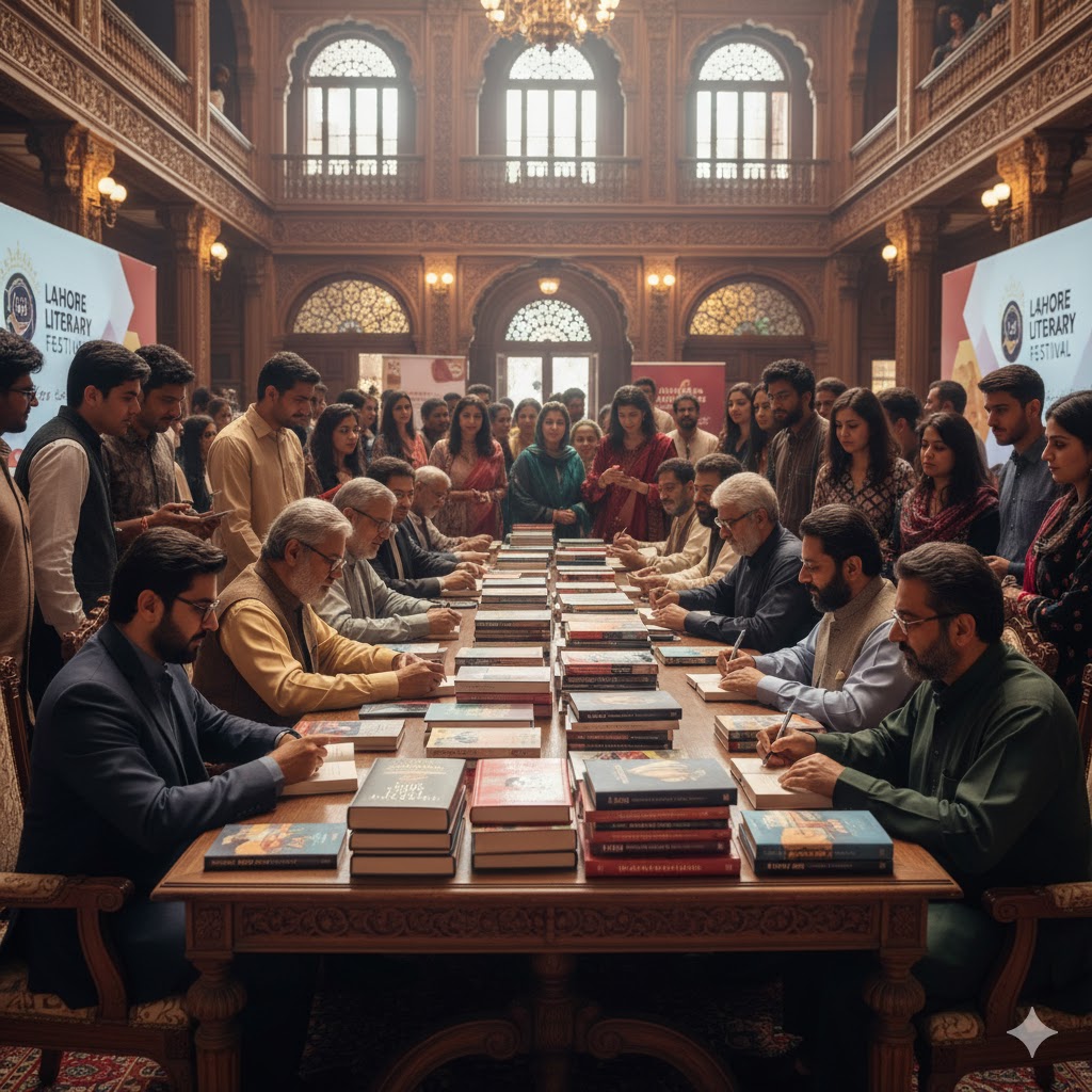 Authors signing books during Lahore Literary Festival at Alhamra Hall.
