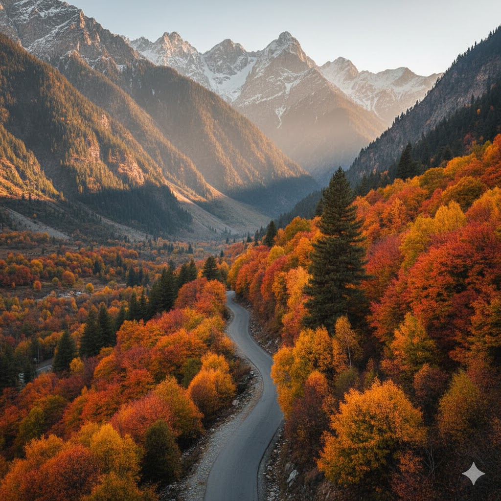 Autumn foliage along Leepa Valley road surrounded by mountain ridges