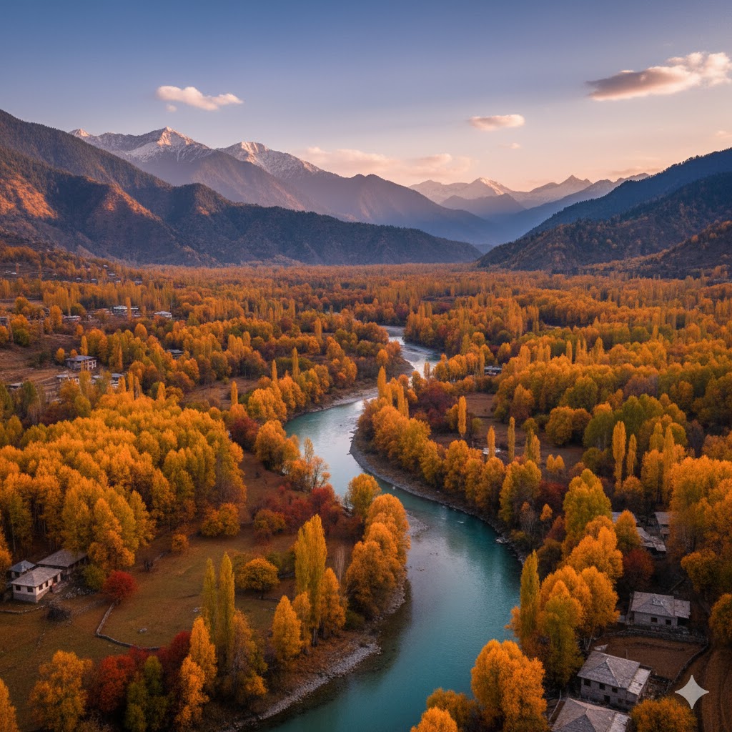 Autumn landscape of Swat Valley with golden trees and river.