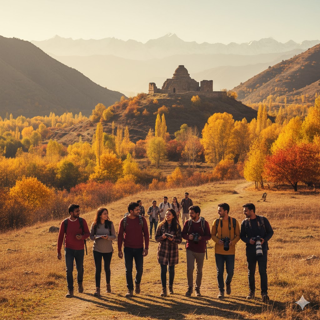 Autumn landscape with college students trekking near Swat Valley Buddhist sites