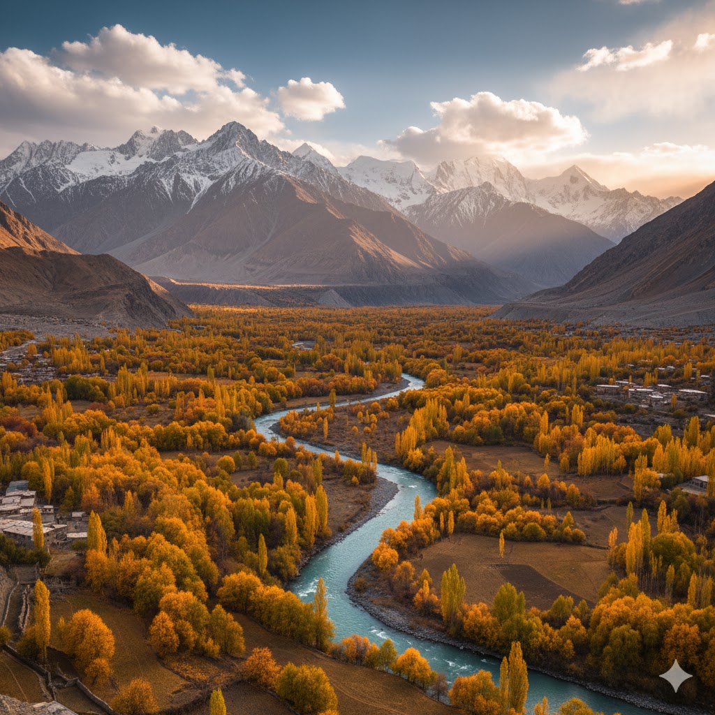 Autumn view of Hunza Valley with golden poplar trees and snow-covered mountains