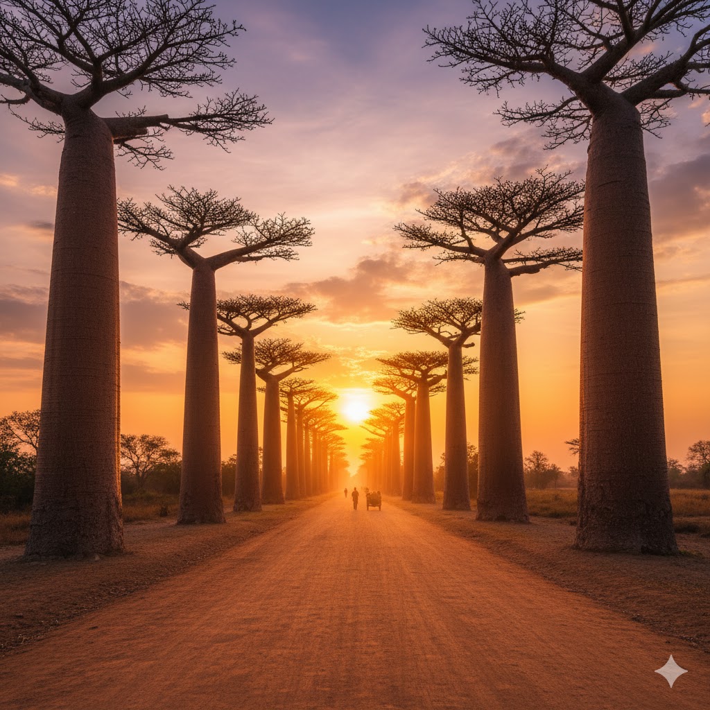 Avenue of the Baobabs under golden sunset sky, Madagascar