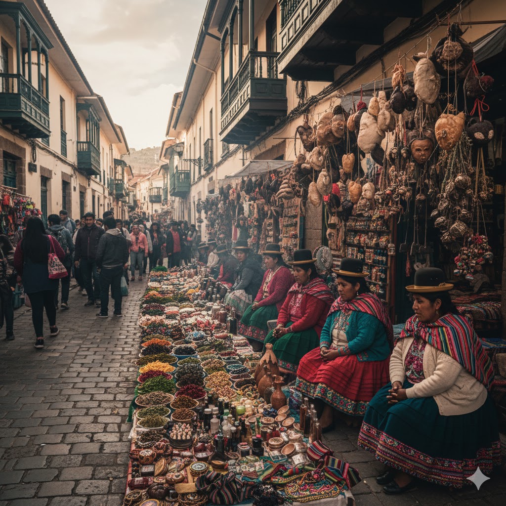 Aymara women selling herbs and charms at Bolivia’s Witch Market in La Paz