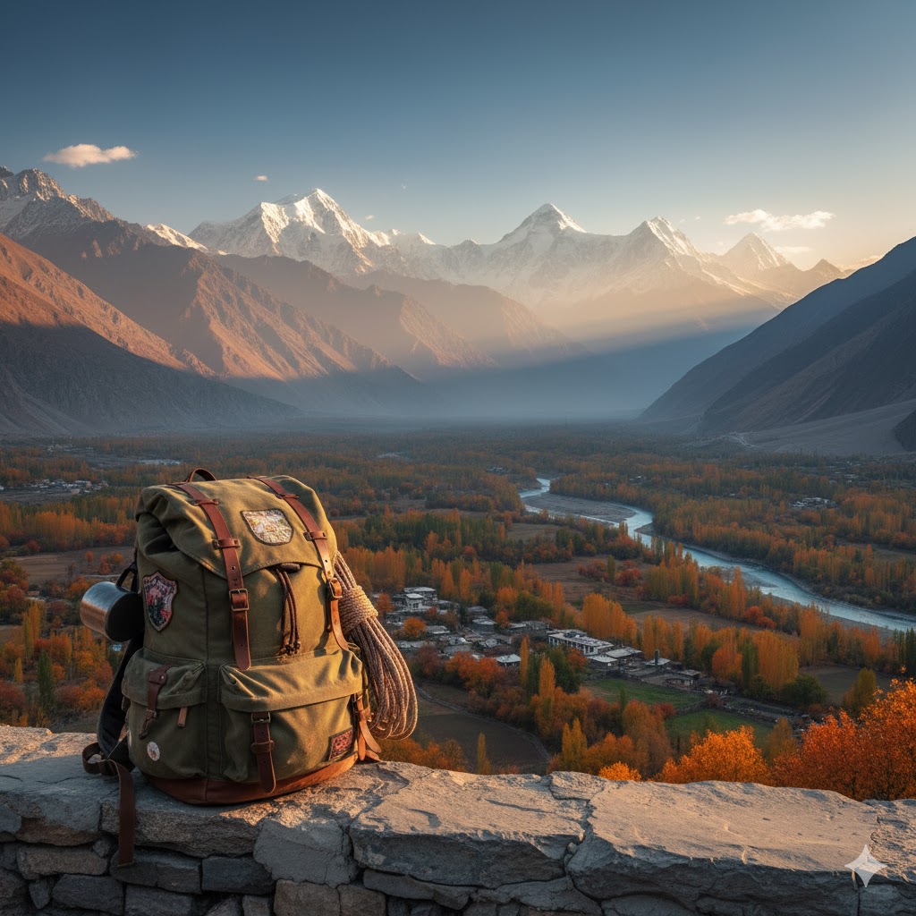 Backpack resting on a stone ledge overlooking Hunza’s mountains and valley