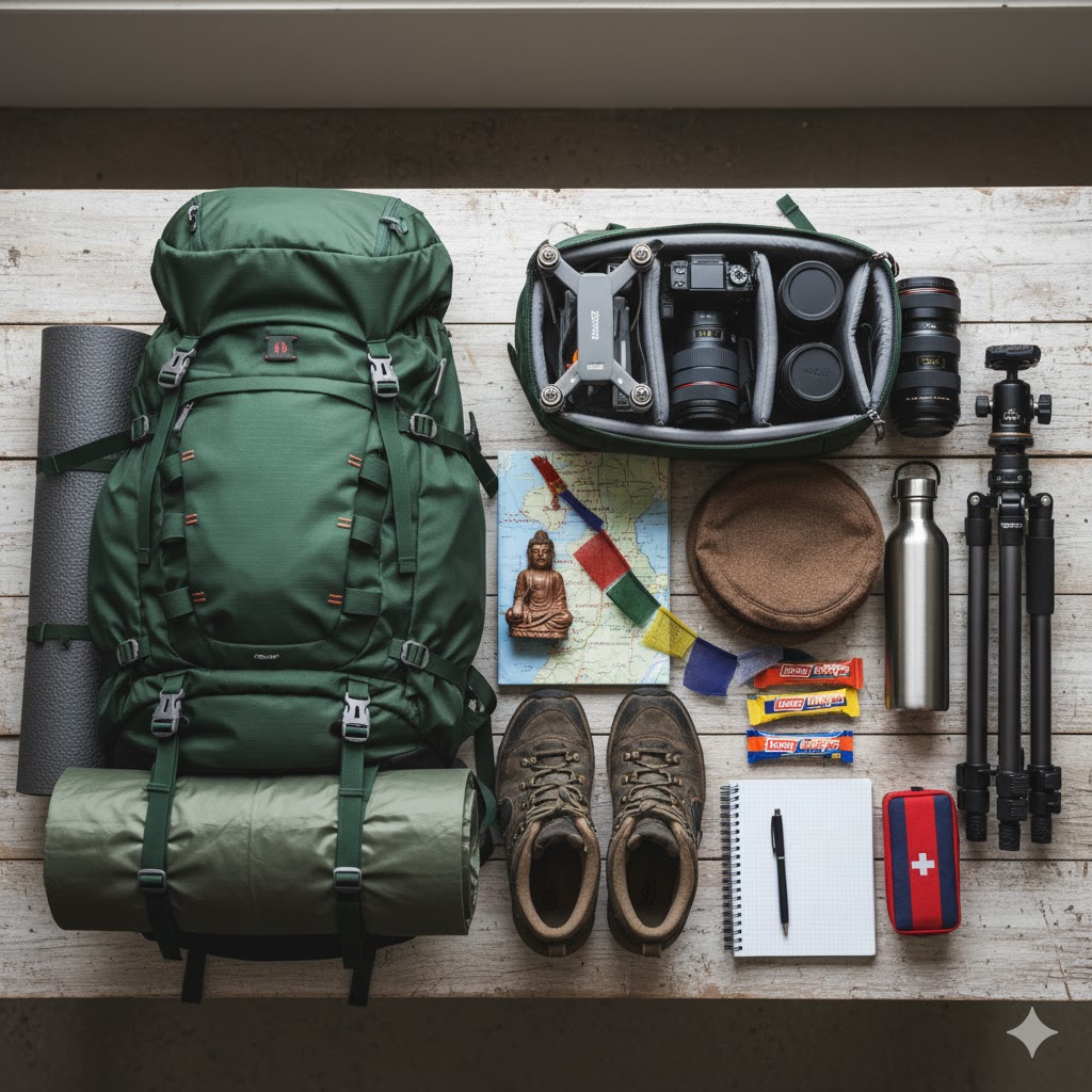 Backpack with travel gear laid out for a Buddhist heritage photography trip in Pakistan.