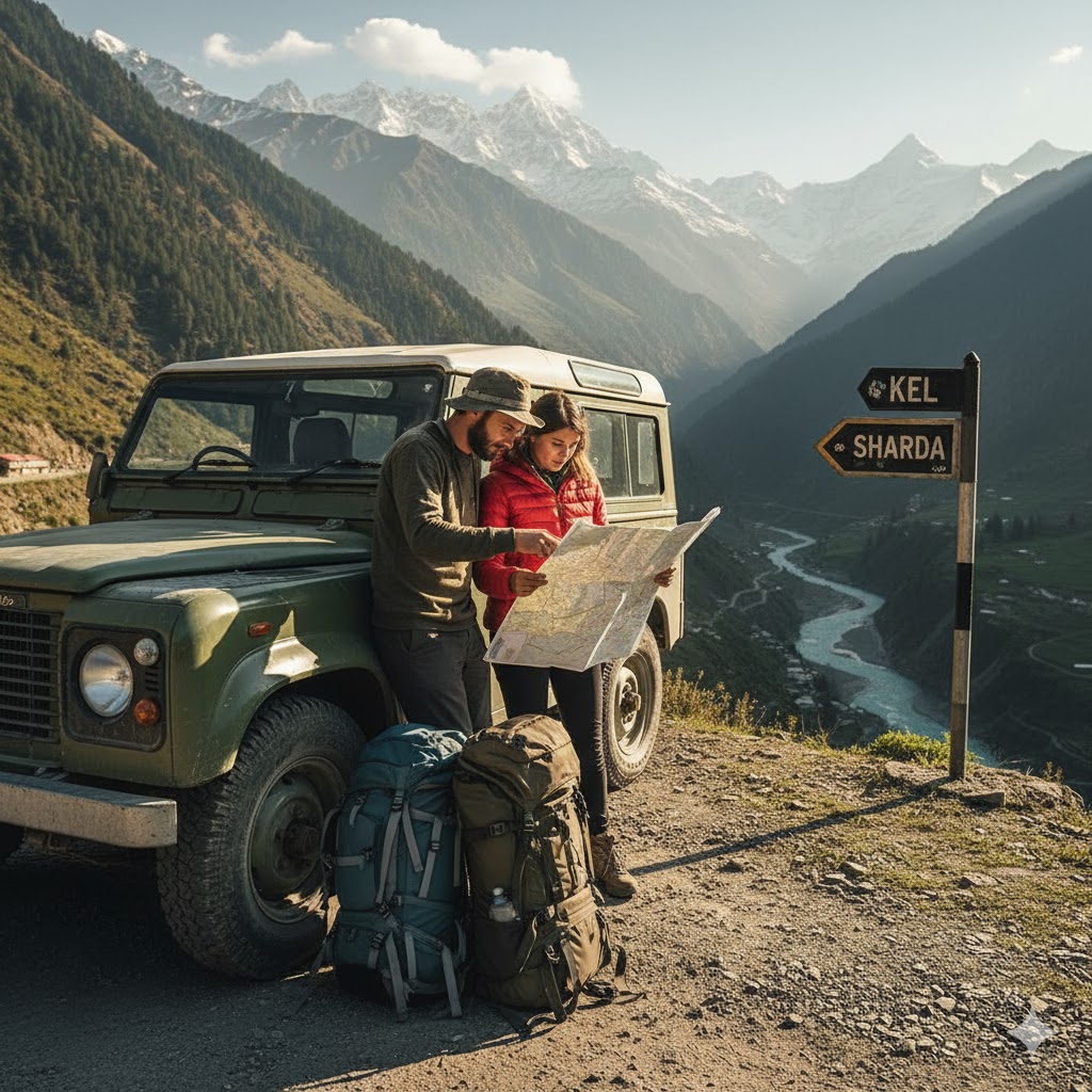 Backpackers checking map beside jeep on a mountain road in Neelum Valley