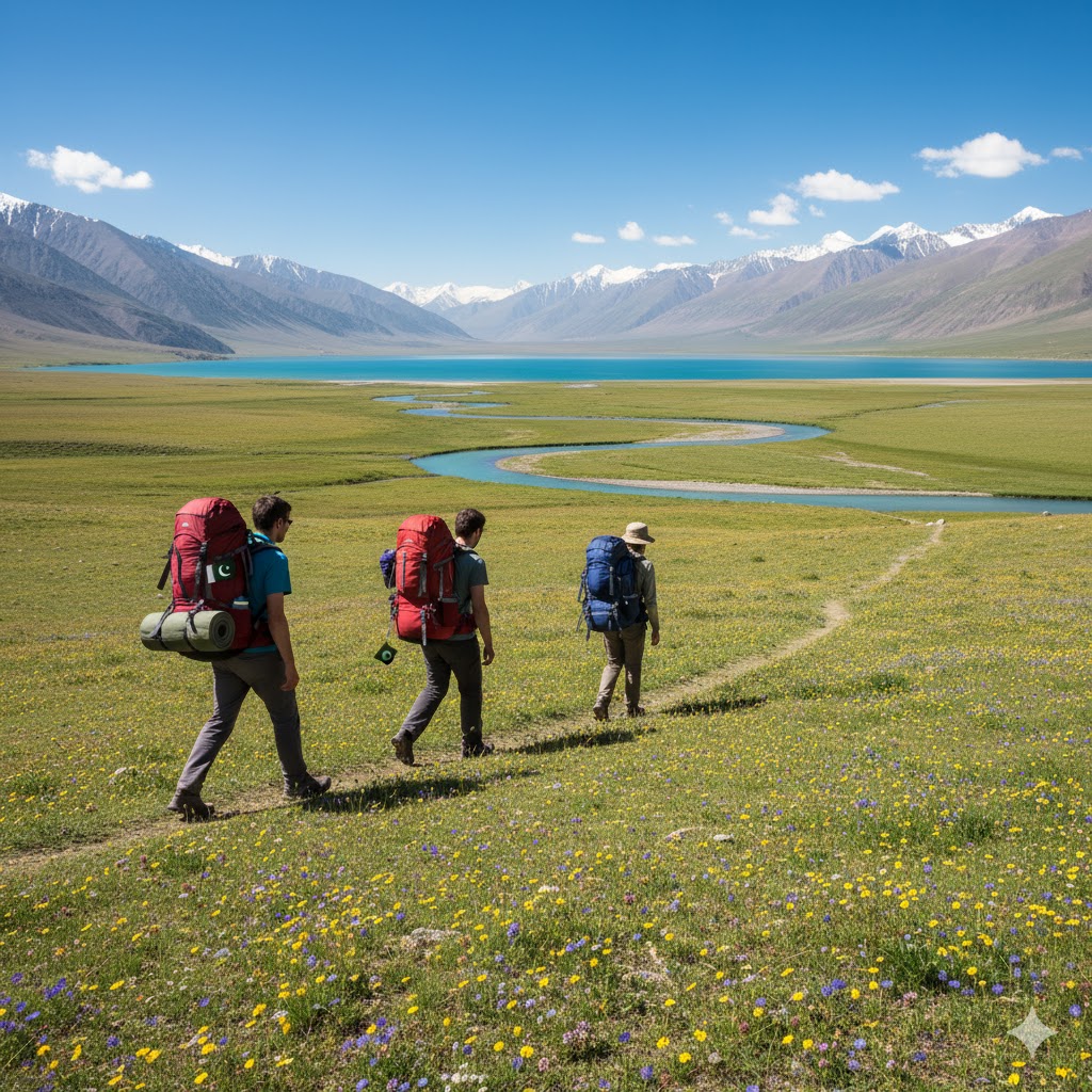 Backpackers trekking across open meadows from Bara Pani towards Sheosar Lake under blue skies.  Backpackers trekking across open meadows from Bara Pani towards Sheosar Lake under blue skies.