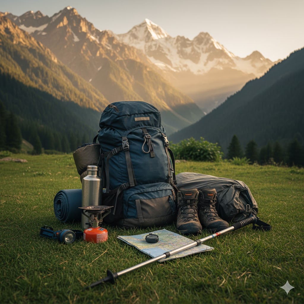Backpacking gear and trekking stick laid out on grassy ground with Arrang Kel mountains in background