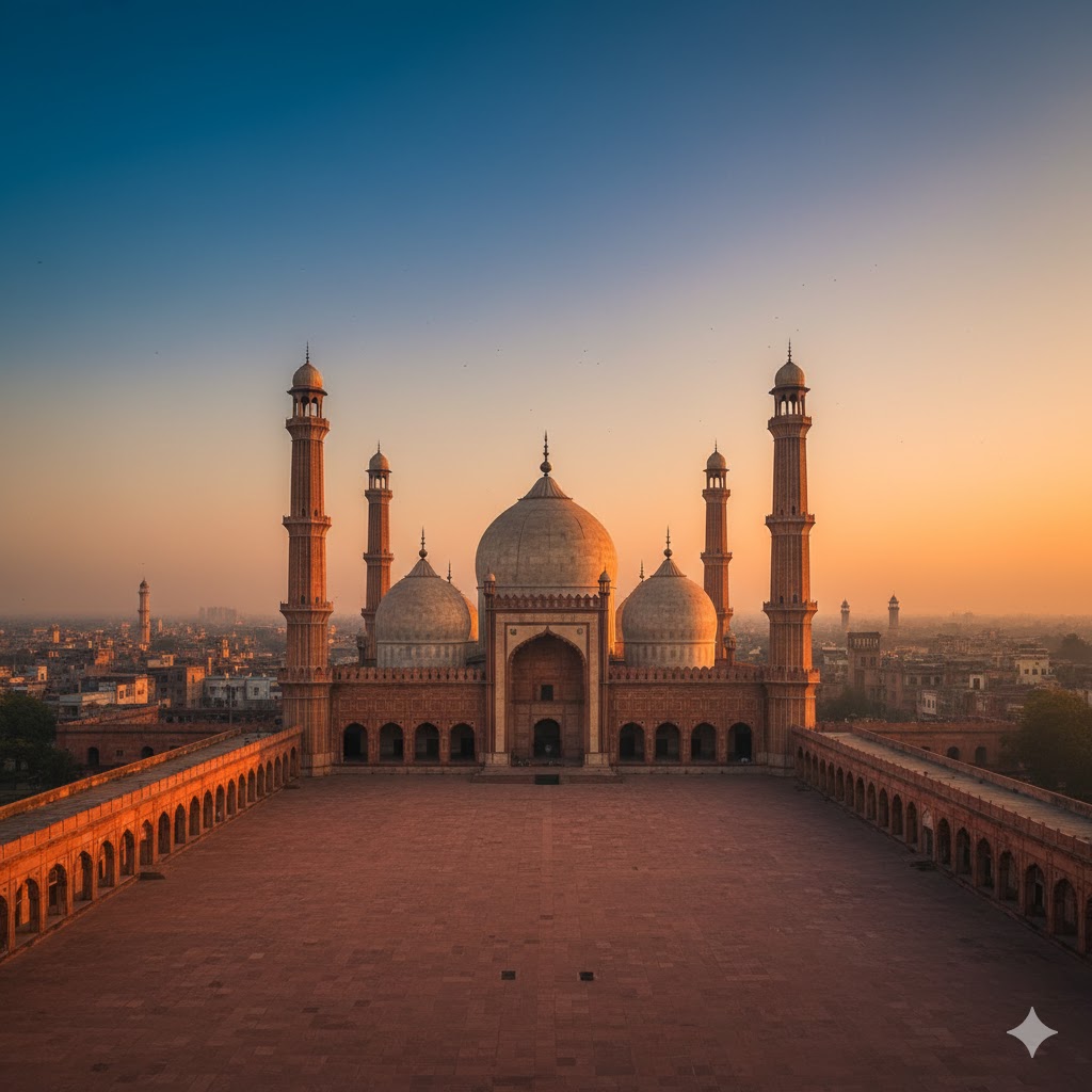 Badshahi Mosque at sunset, glowing domes with city skyline
