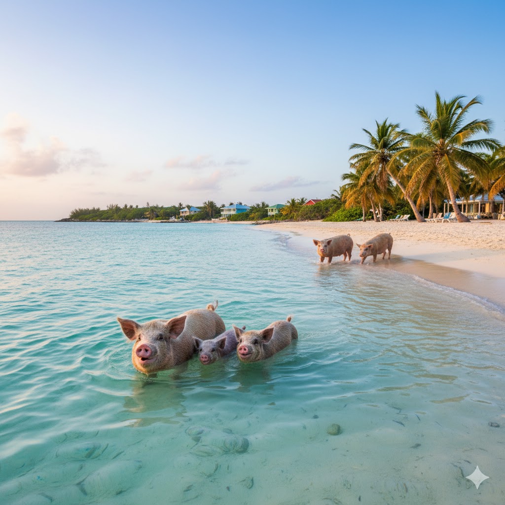 Bahamas beach with pigs swimming in turquoise sea