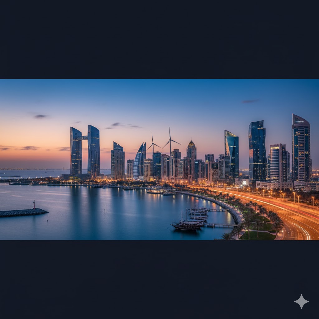 Bahrain skyline with modern towers and Gulf waters