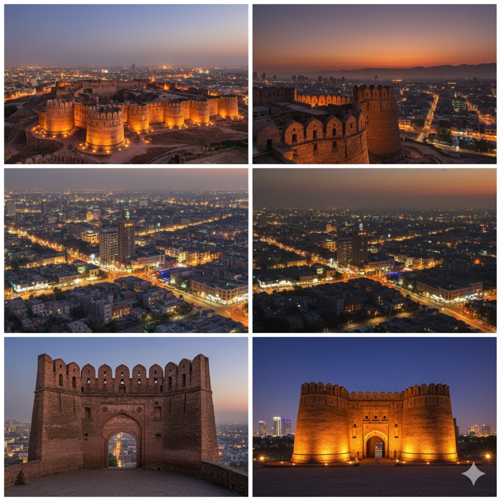 Bala Hisar Fort walls overlooking the Peshawar city skyline with evening lights.