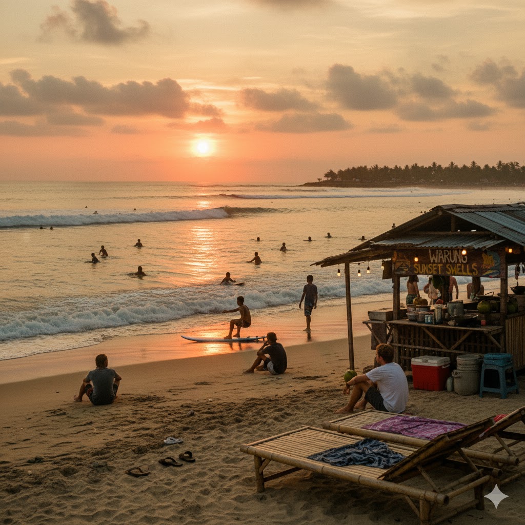 beautiful Bali beach sunset with surfers, keeping in mind a low-budget, authentic vibe