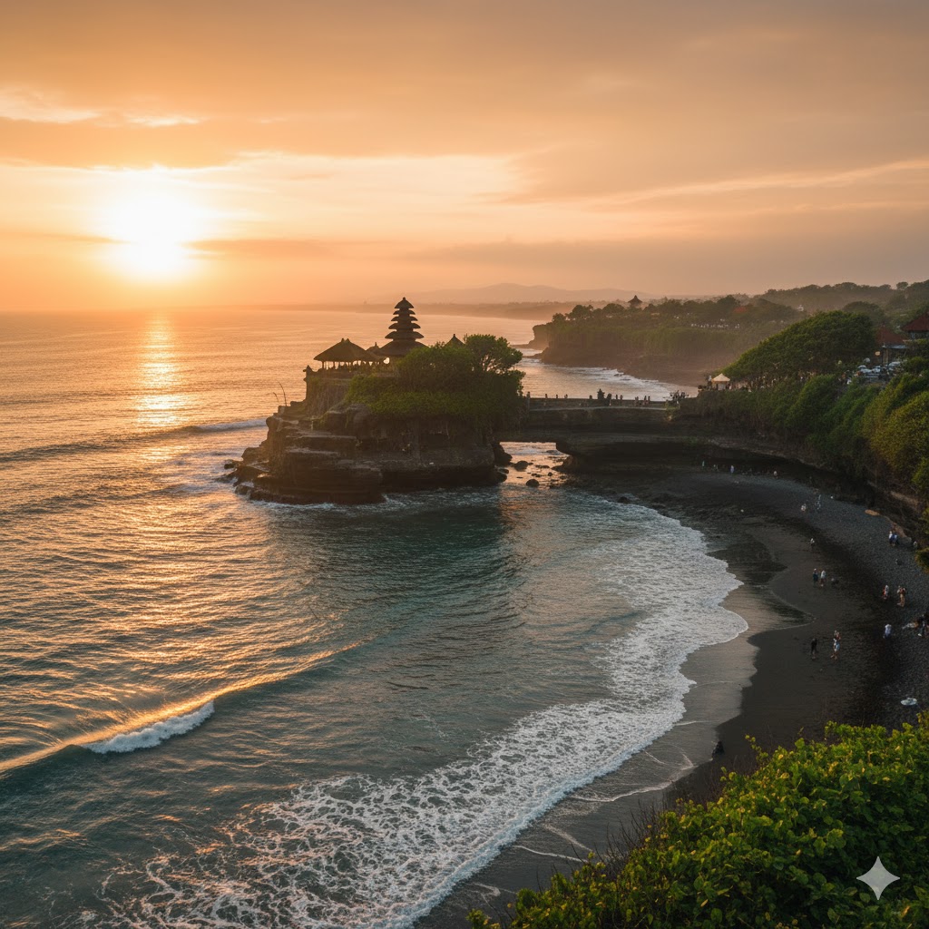 Balinese cliffside temple overlooking turquoise ocean at sunset