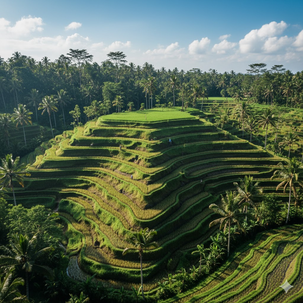 Balinese rice terraces surrounded by palm trees under clear blue skies