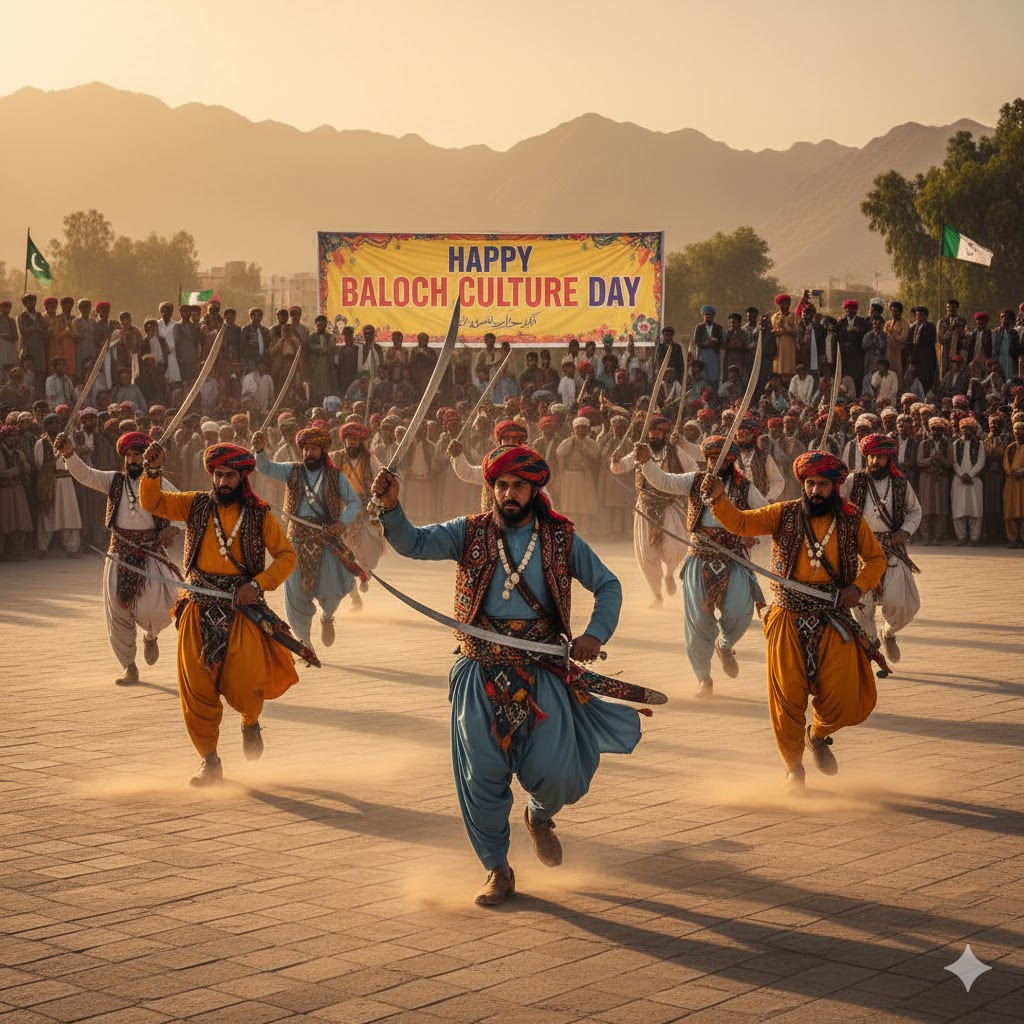 Baloch men performing traditional sword dance on Baloch Culture Day in Quetta